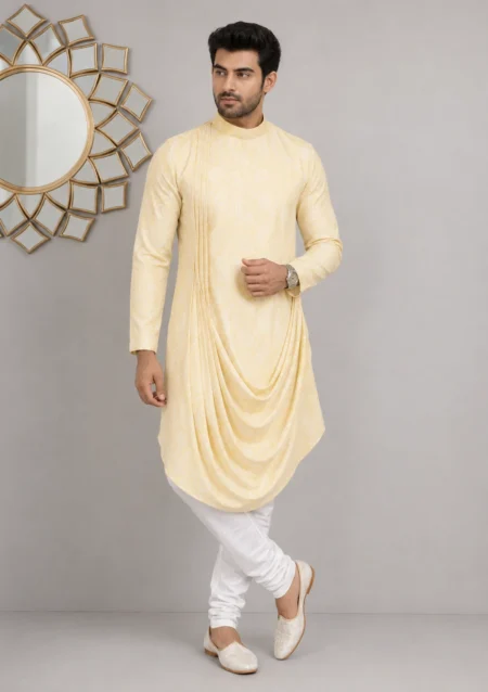 Men’s Cream Brocade Draped Kurta Set