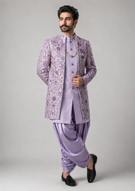 Men’s Lavender Indo Western Silk Satin Jacket Set