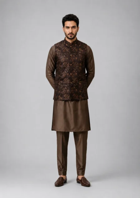 Men’s Dark Brown Brocade Nehru Jacket