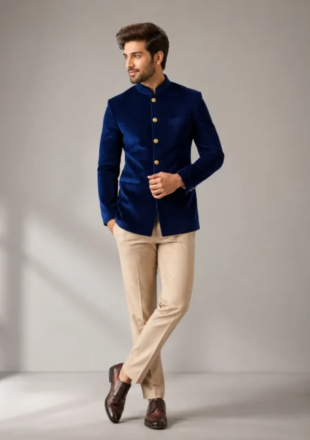 Men’s Royal Blue Velvet Bandhgala Jodhpuri