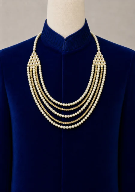 White Pearl & Gold Bead Maala for Men