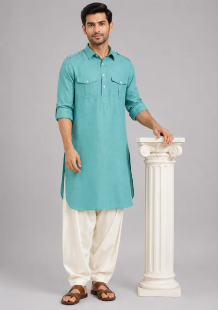 Men’s Light Sea Green Linen Pathani Kurta