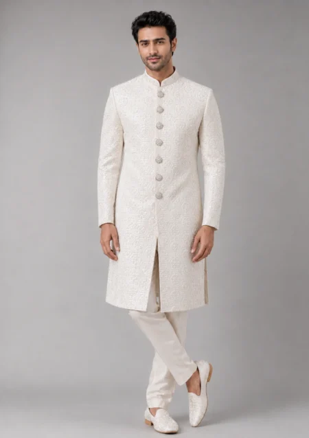 Men’s Off White Embossed Sherwani Set