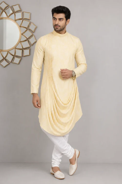 Men’s Cream Brocade Draped Kurta Set
