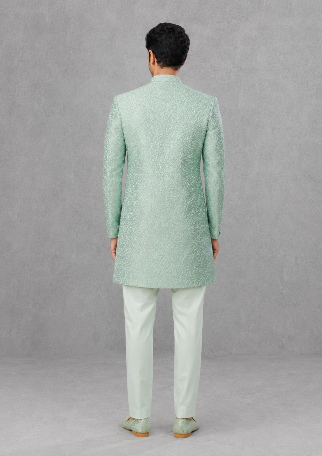 Men’s Mint Green Embossed Indo Western Set - Image 5