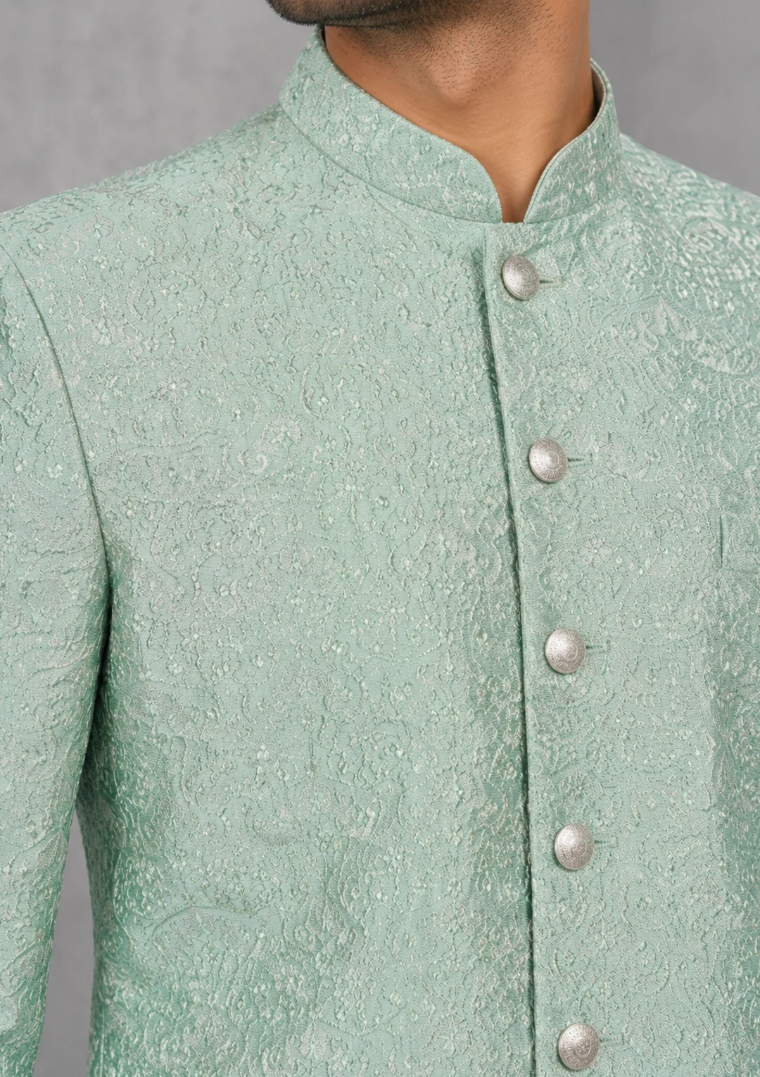 Men’s Mint Green Embossed Indo Western Set - Image 7