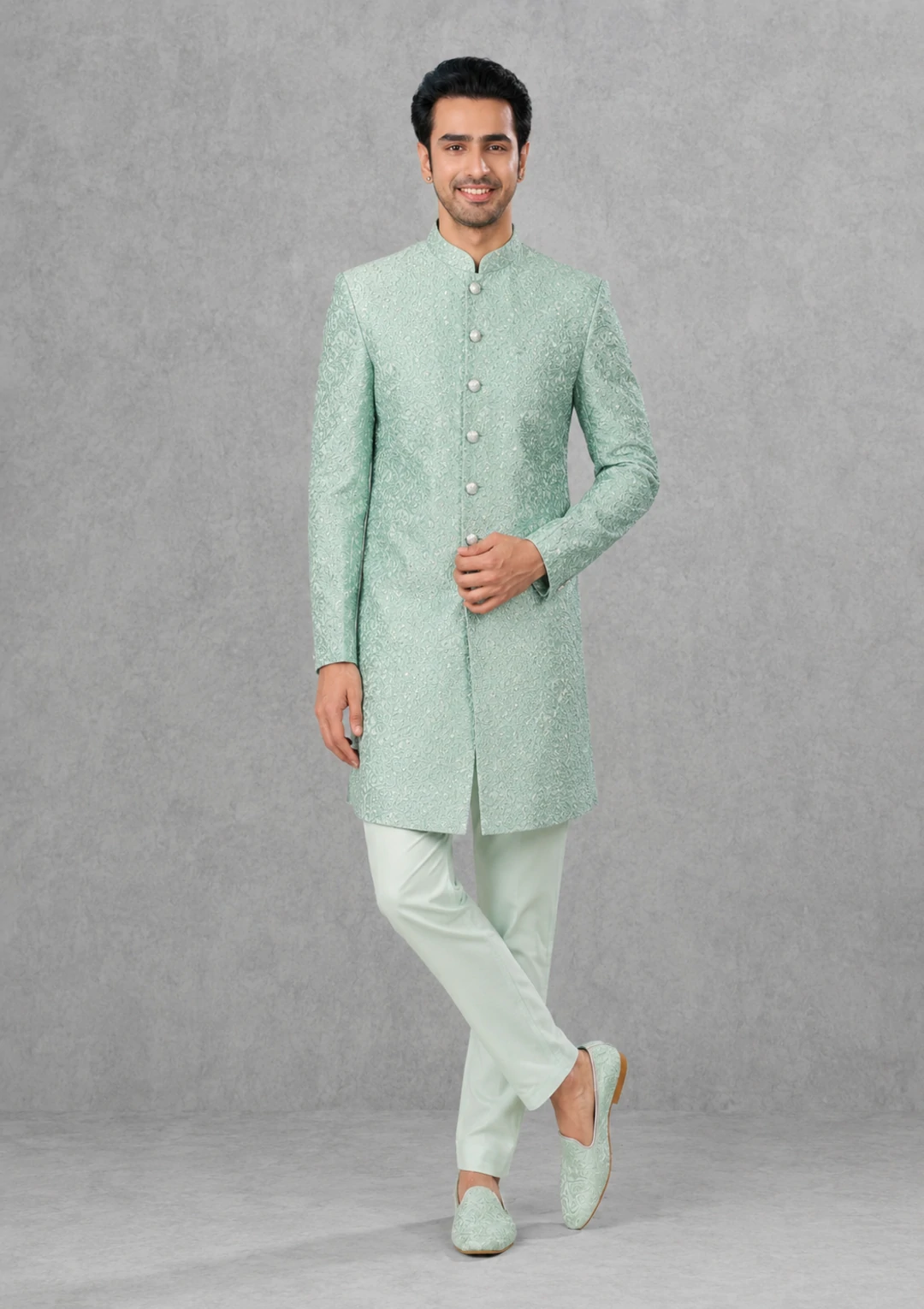 Men’s Mint Green Embossed Indo Western Set