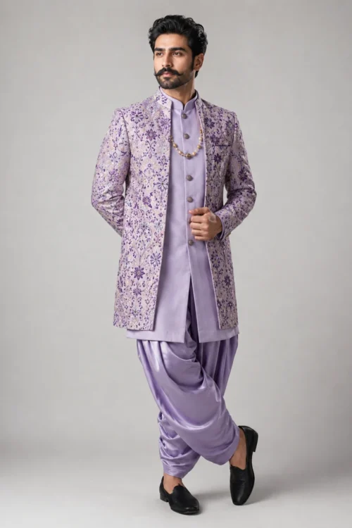 Men’s Lavender Indo Western Silk Satin Jacket Set
