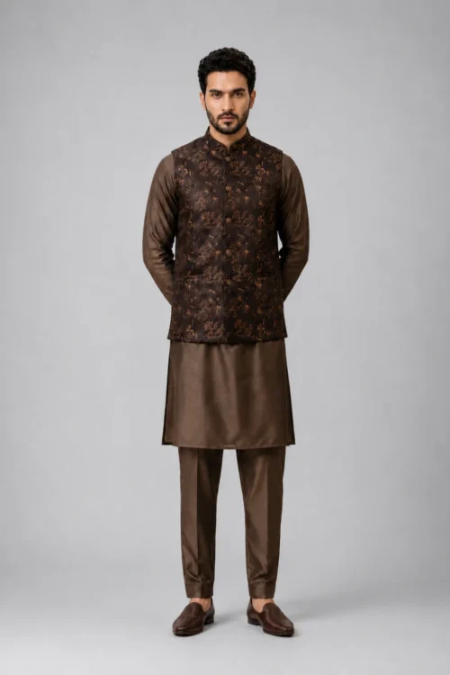 Men’s Dark Brown Brocade Nehru Jacket