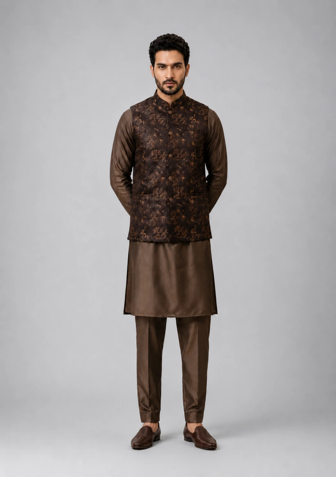 Men’s Dark Brown Brocade Nehru Jacket