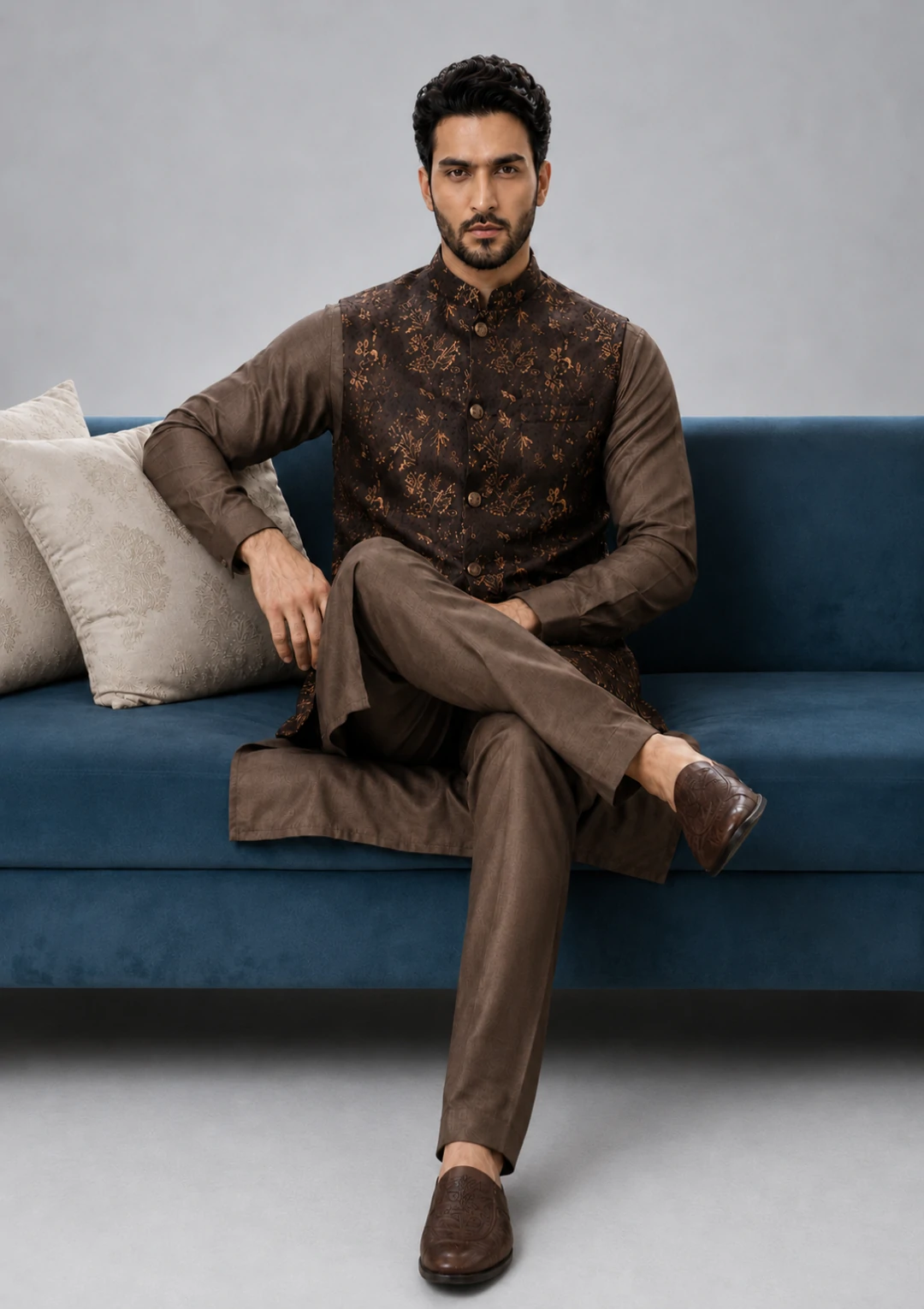 Men’s Dark Brown Brocade Nehru Jacket - Image 2