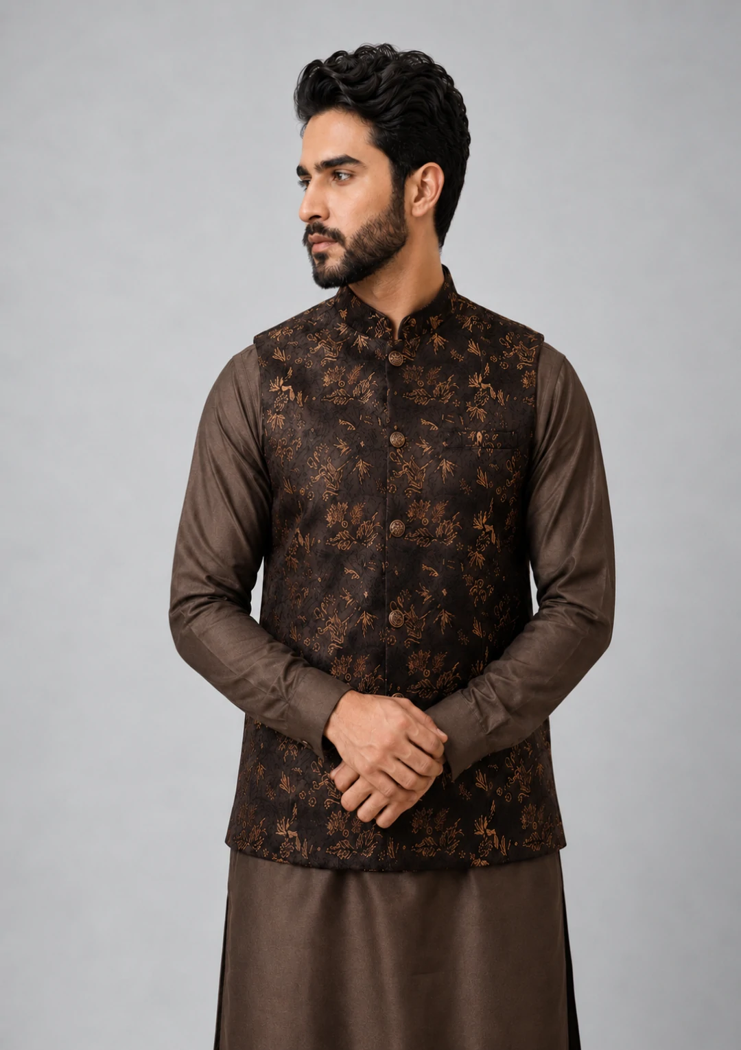 Men’s Dark Brown Brocade Nehru Jacket - Image 5