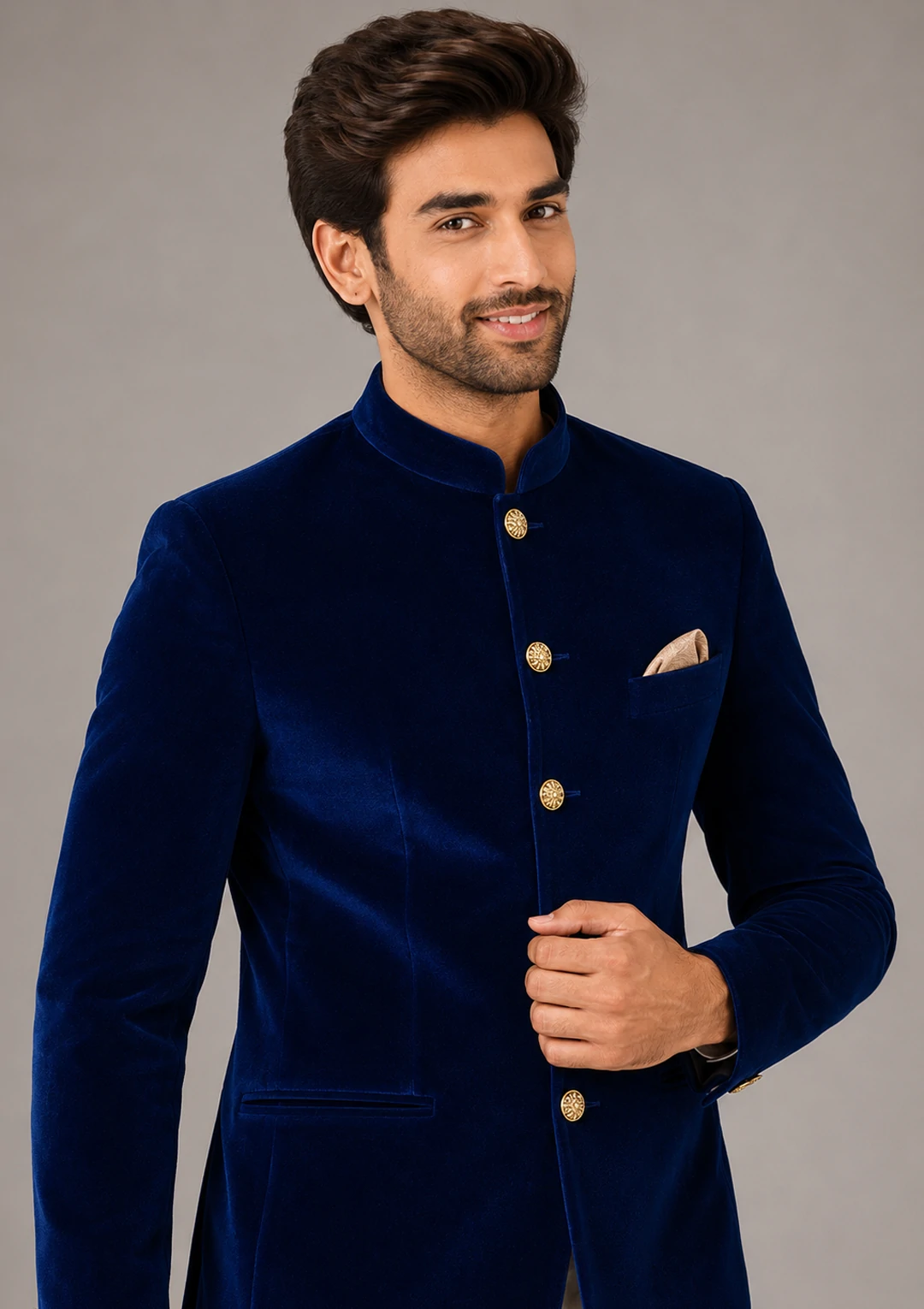 Men’s Royal Blue Velvet Bandhgala Jodhpuri - Image 4