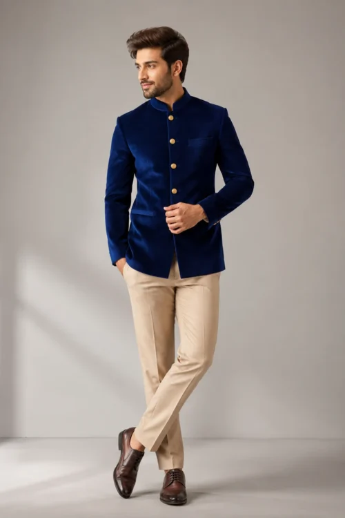 Men’s Royal Blue Velvet Bandhgala Jodhpuri