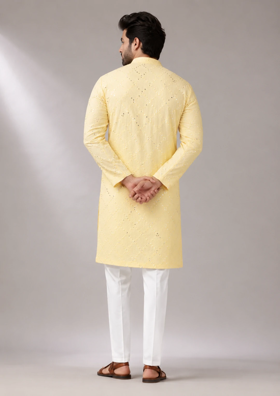 Men’s Light Yellow Embroidered Rayon Kurta - Image 4
