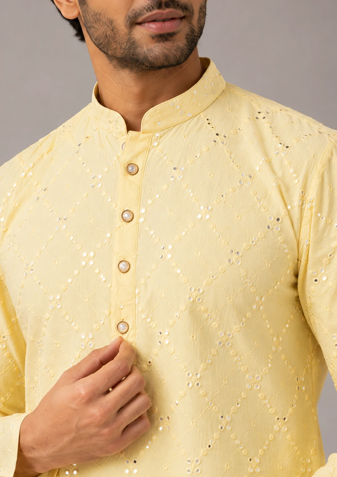 Men’s Light Yellow Embroidered Rayon Kurta - Image 6