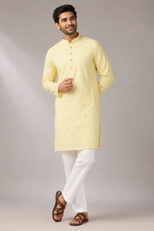 Men’s Light Yellow Embroidered Rayon Kurta