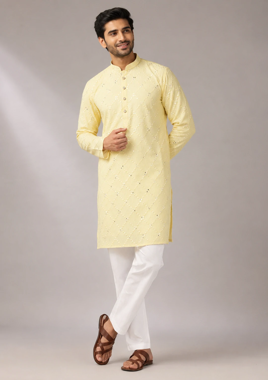 Men’s Light Yellow Embroidered Rayon Kurta