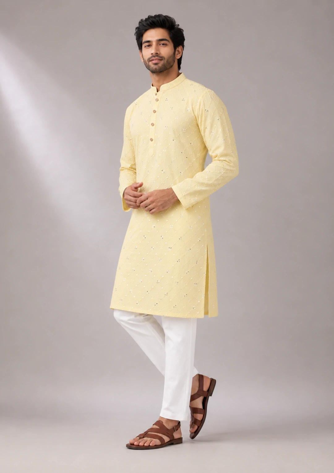 Men’s Light Yellow Embroidered Rayon Kurta - Image 2