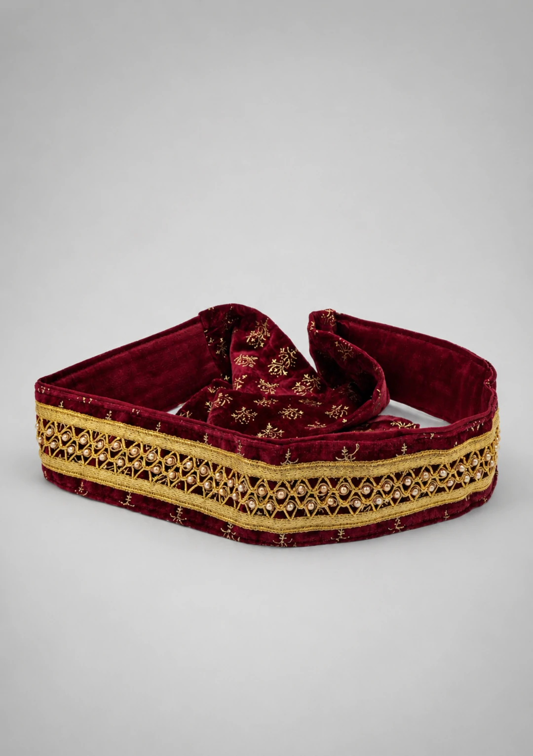 Men’s Maroon Velvet Kamarbandh with Pearl Embroidery