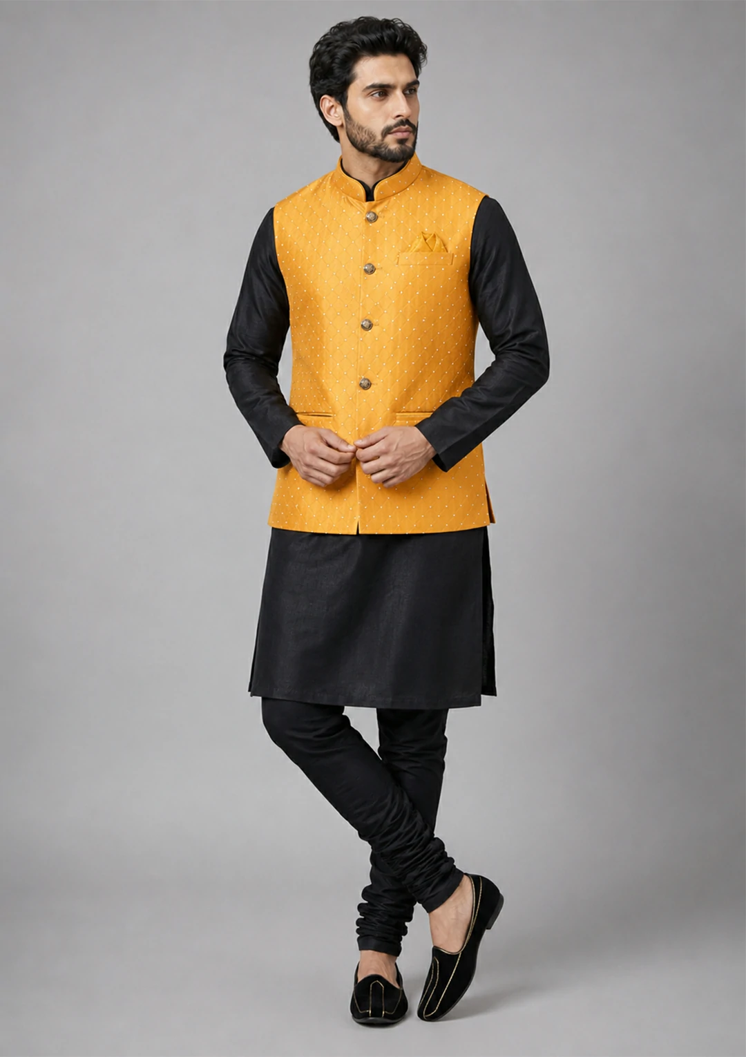 Regular Black Kurta Jacket Set with Churidaar Pajama