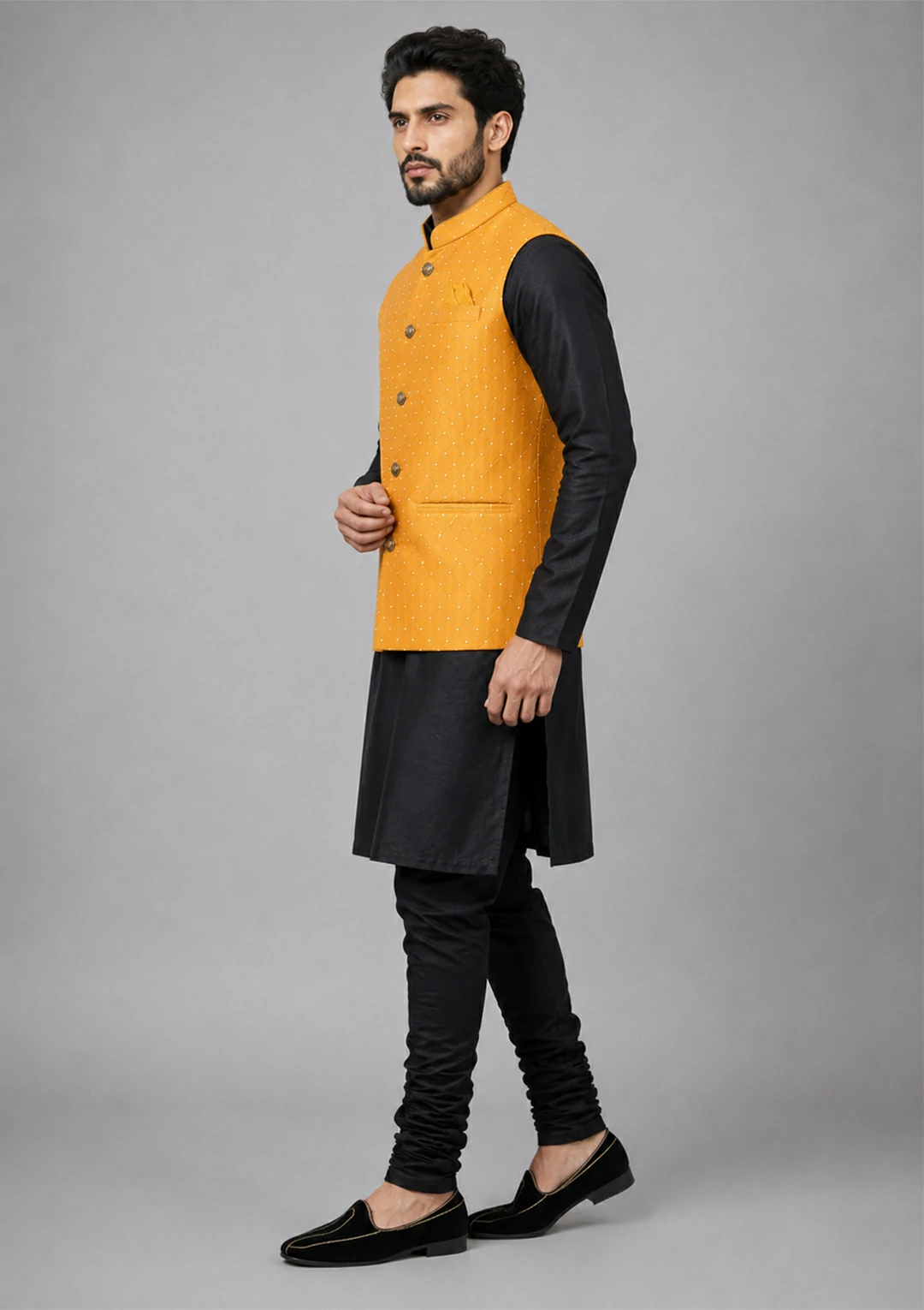 Regular Black Kurta Jacket Set with Churidaar Pajama - Image 3