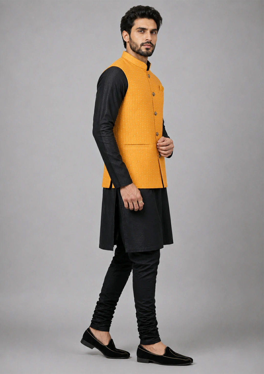 Regular Black Kurta Jacket Set with Churidaar Pajama - Image 2