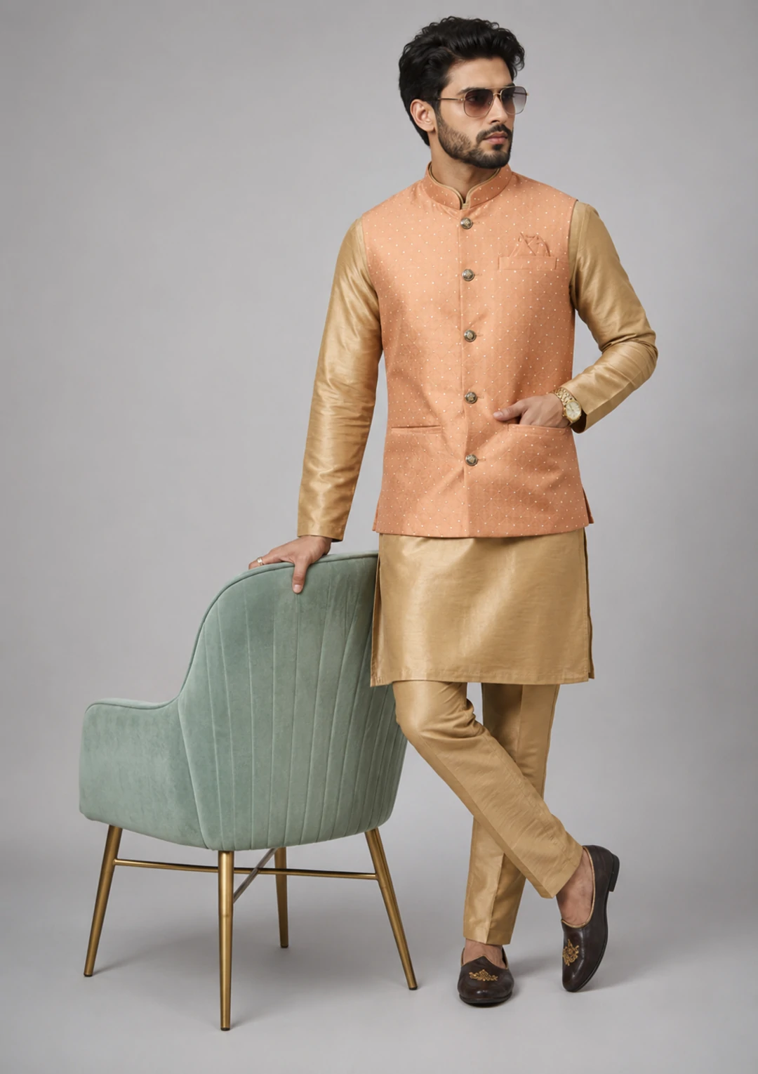 Men Regular Kurta Jacket with Trousers