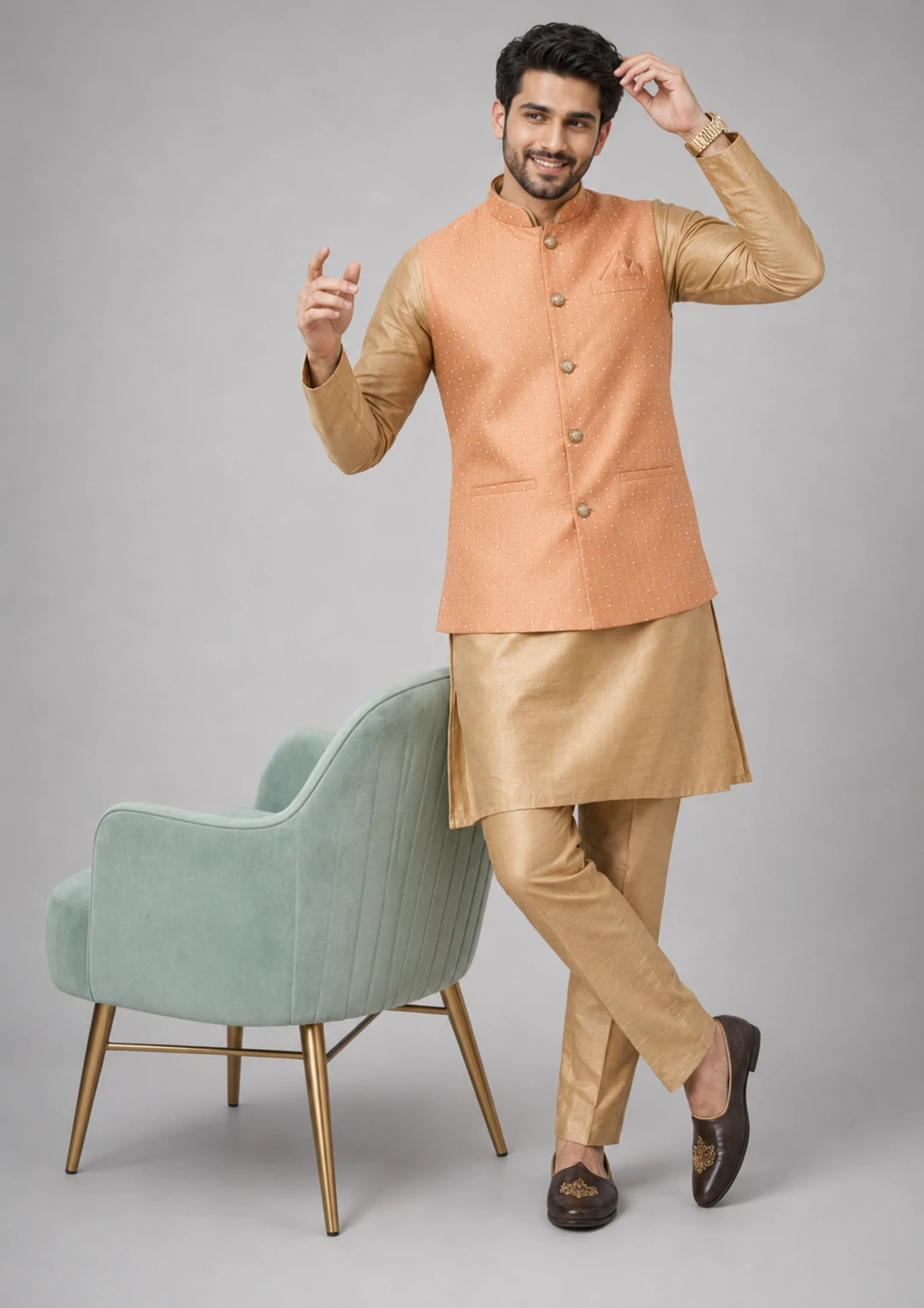 Men Regular Kurta Jacket with Trousers - Image 2