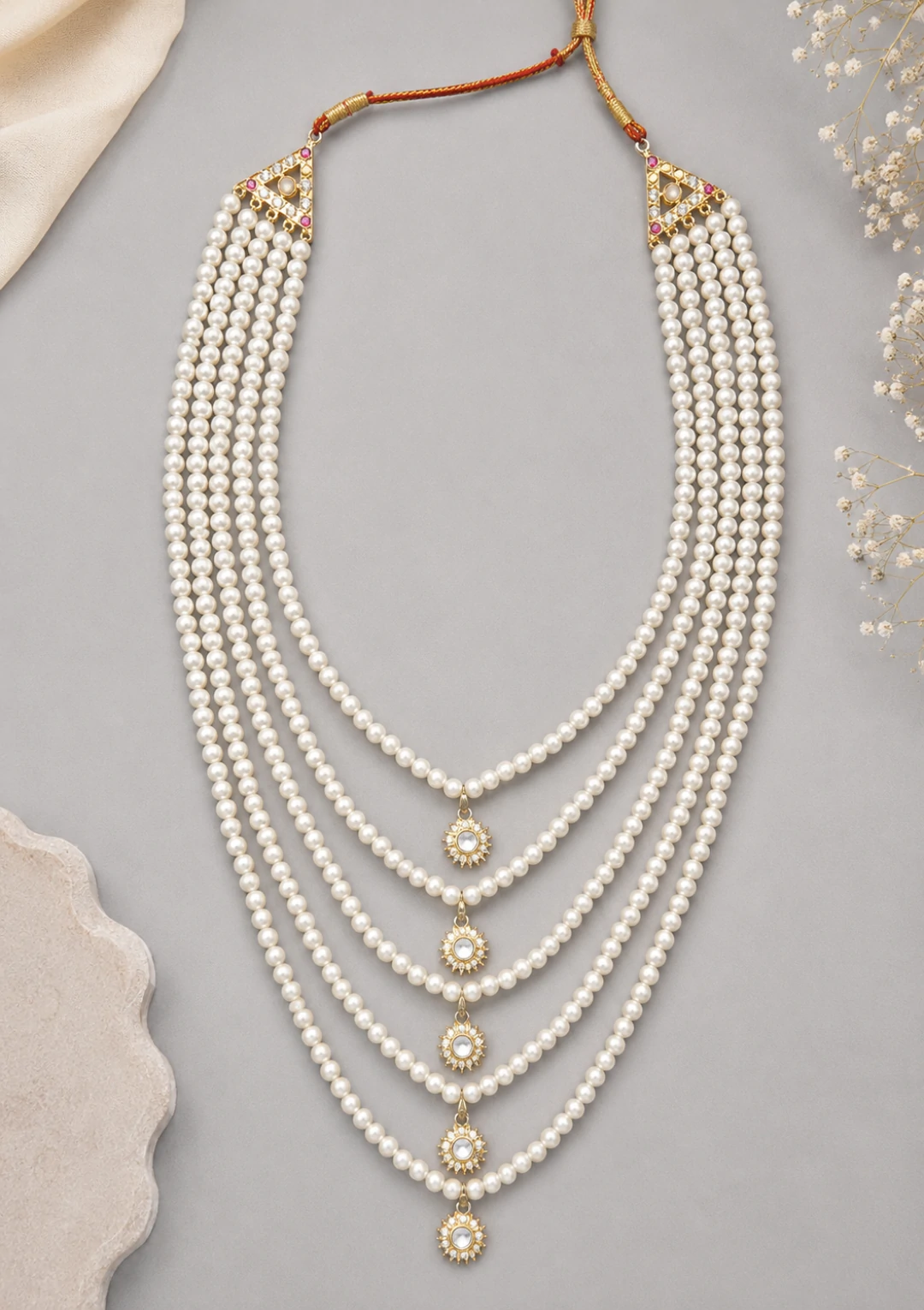 Multi Layer Pearl Maala for Men with Stone Pendants - Image 4
