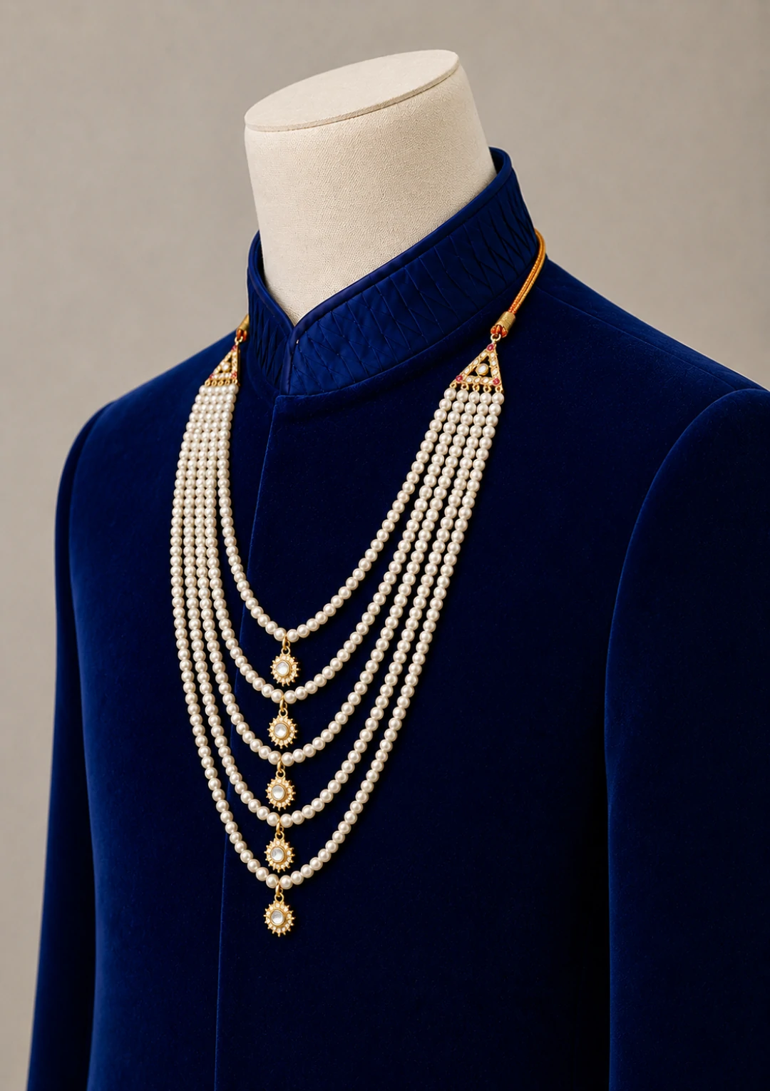 Multi Layer Pearl Maala for Men with Stone Pendants - Image 2