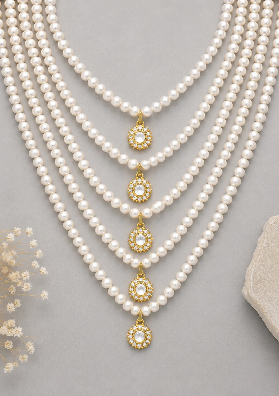 Multi Layer Pearl Maala for Men with Stone Pendants - Image 5