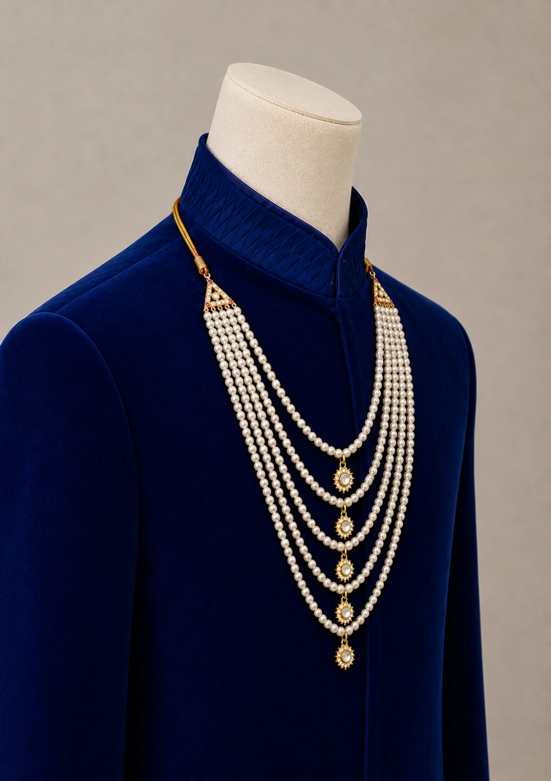 Multi Layer Pearl Maala for Men with Stone Pendants - Image 3