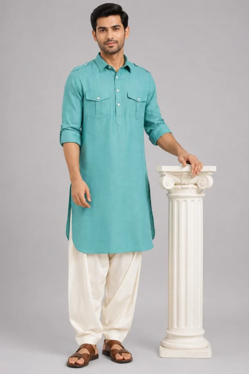 Men’s Light Sea Green Linen Pathani Kurta