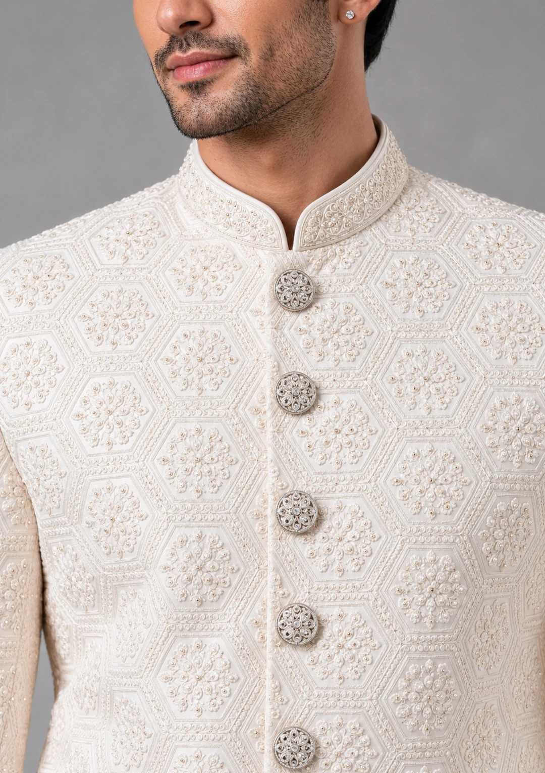 Men’s Off White Embossed Sherwani Set - Image 5