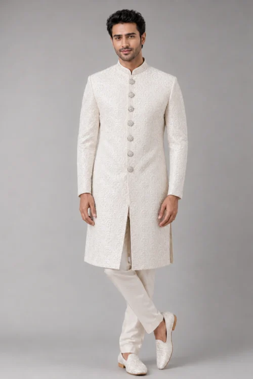 Men’s Off White Embossed Sherwani Set