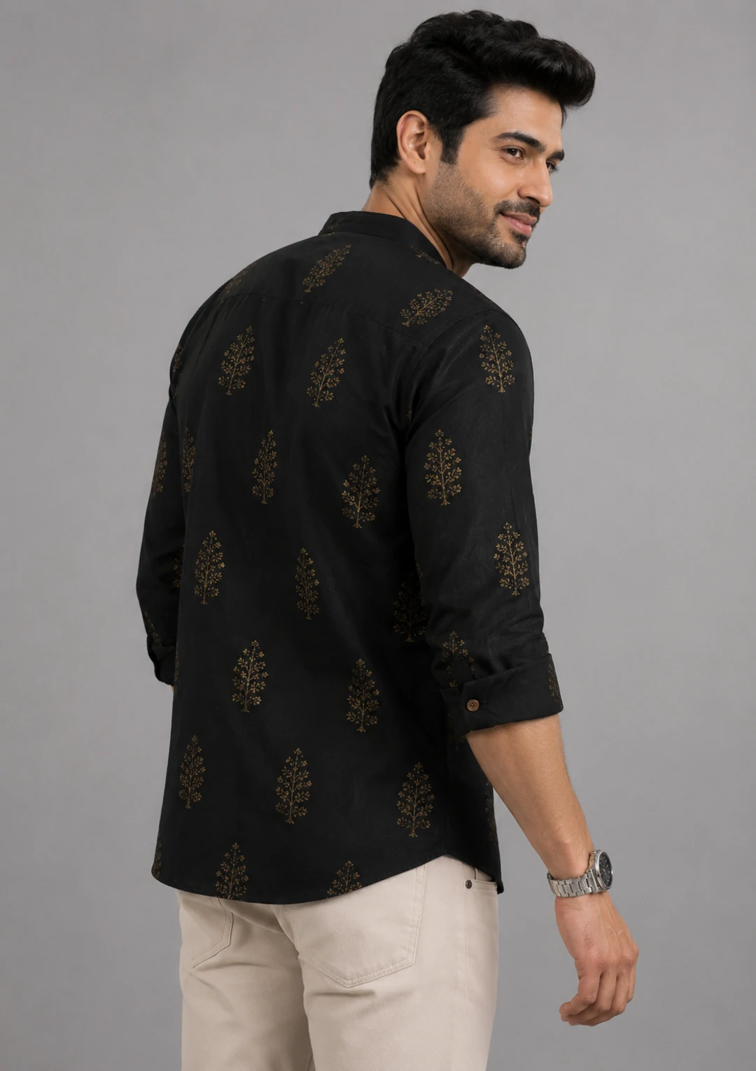 Men’s Black Printed Cotton Short Kurta - Image 3