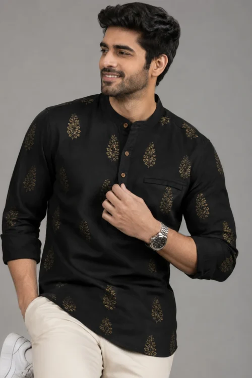 Men’s Black Printed Cotton Short Kurta