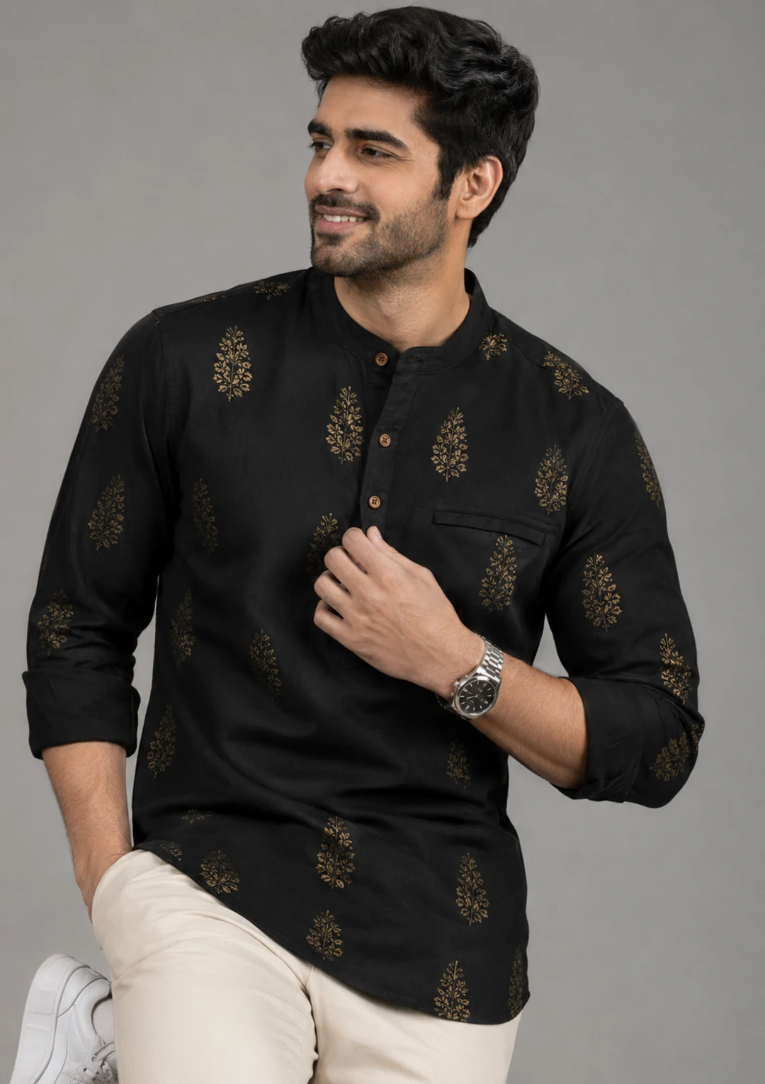 Men’s Black Printed Cotton Short Kurta