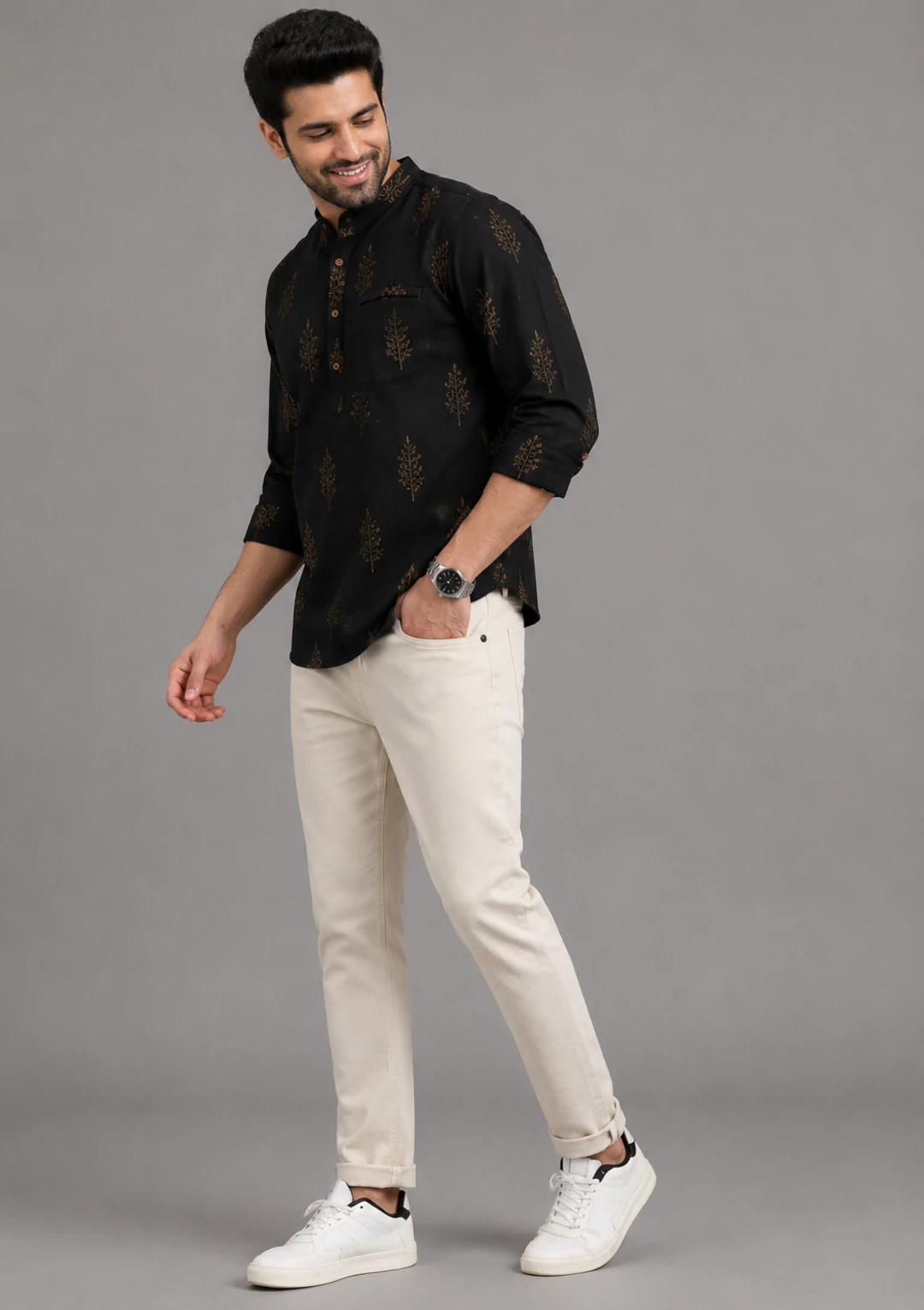 Men’s Black Printed Cotton Short Kurta - Image 2