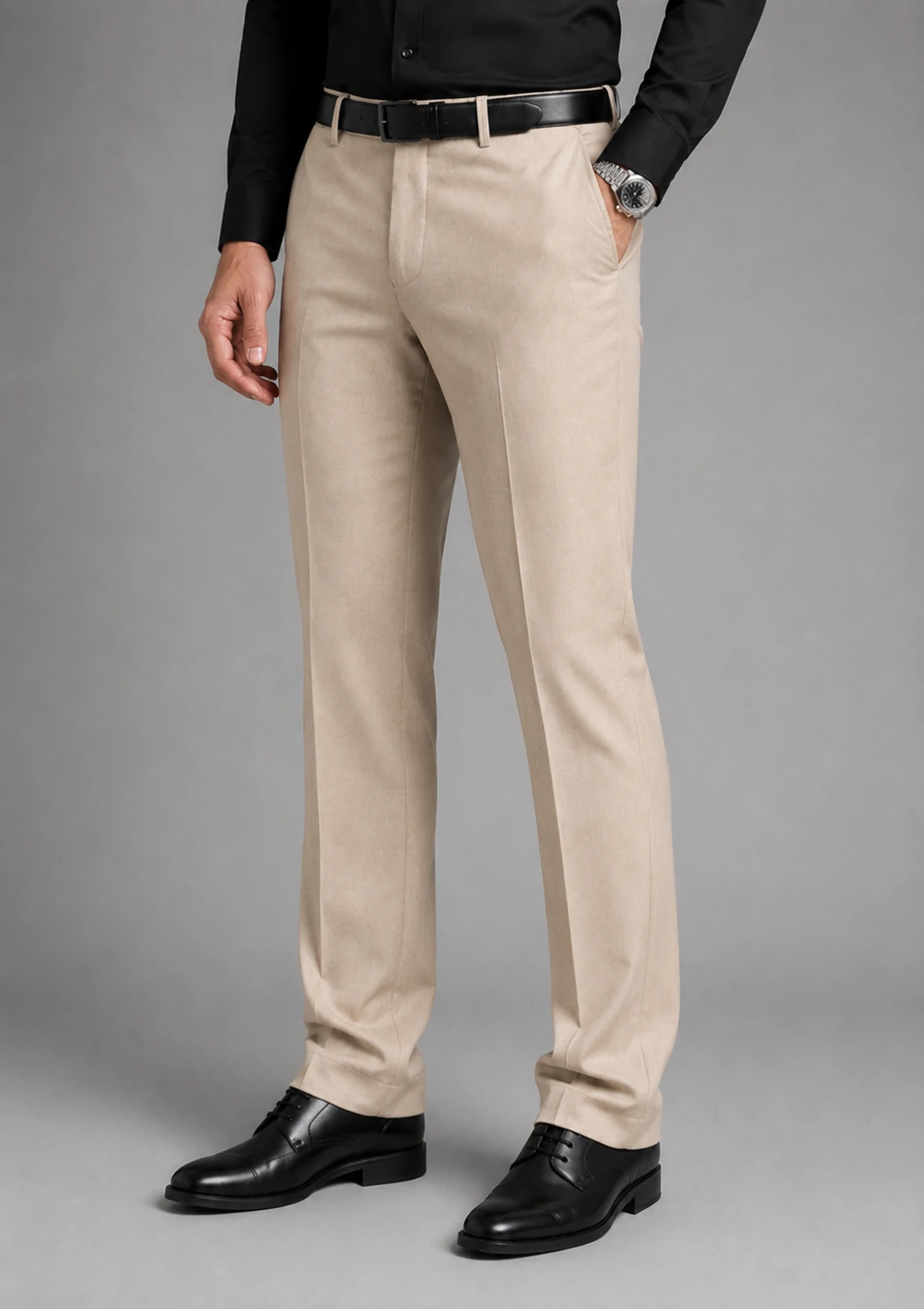 Men's Solid Beige Formal Viscose Trousers - Image 3