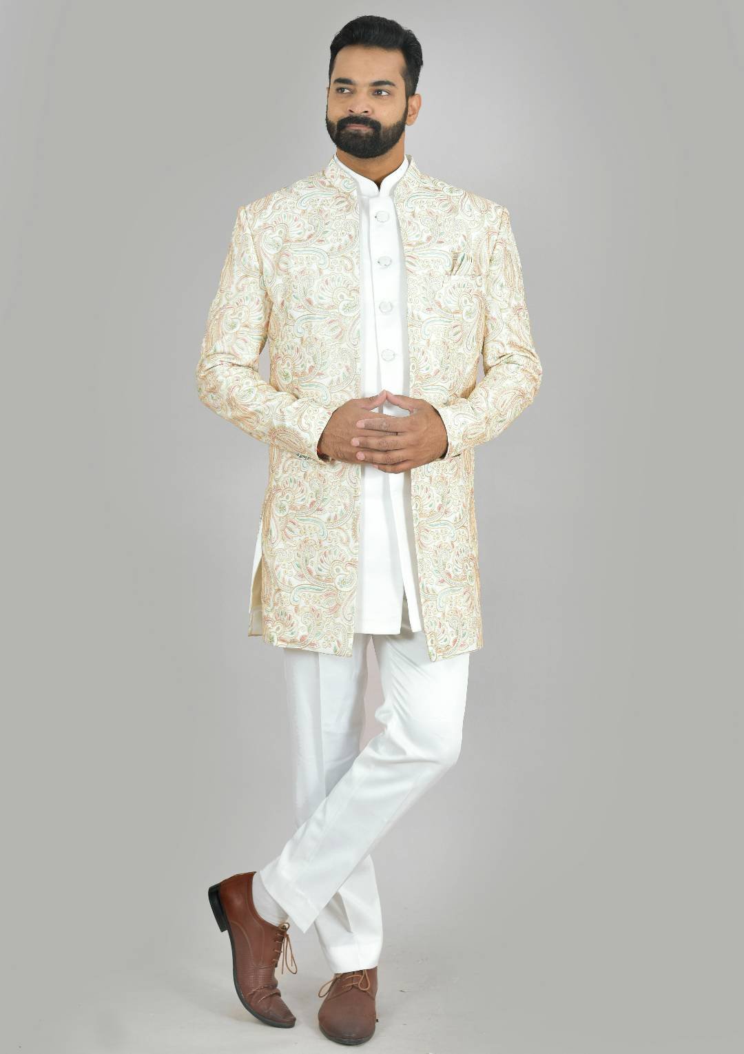 Multi Color Embroidered Ivory Indo Western Jacket