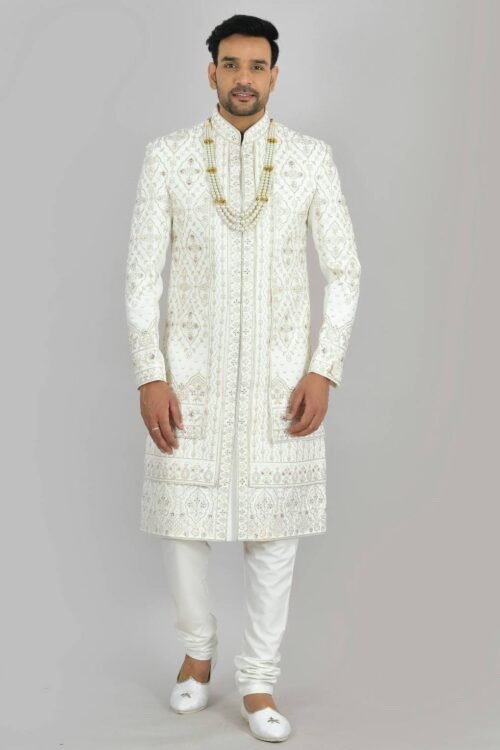 Off White Thread Embroidered Sherwani