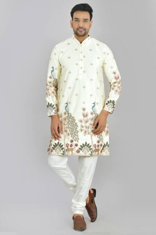 Heavy Embroidery Cream Kurta Pajama