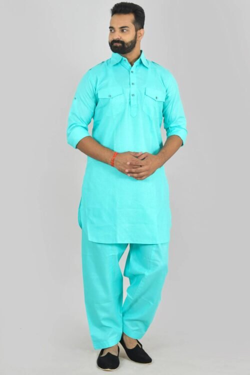 Turquoise Color Linen Pathani Suit