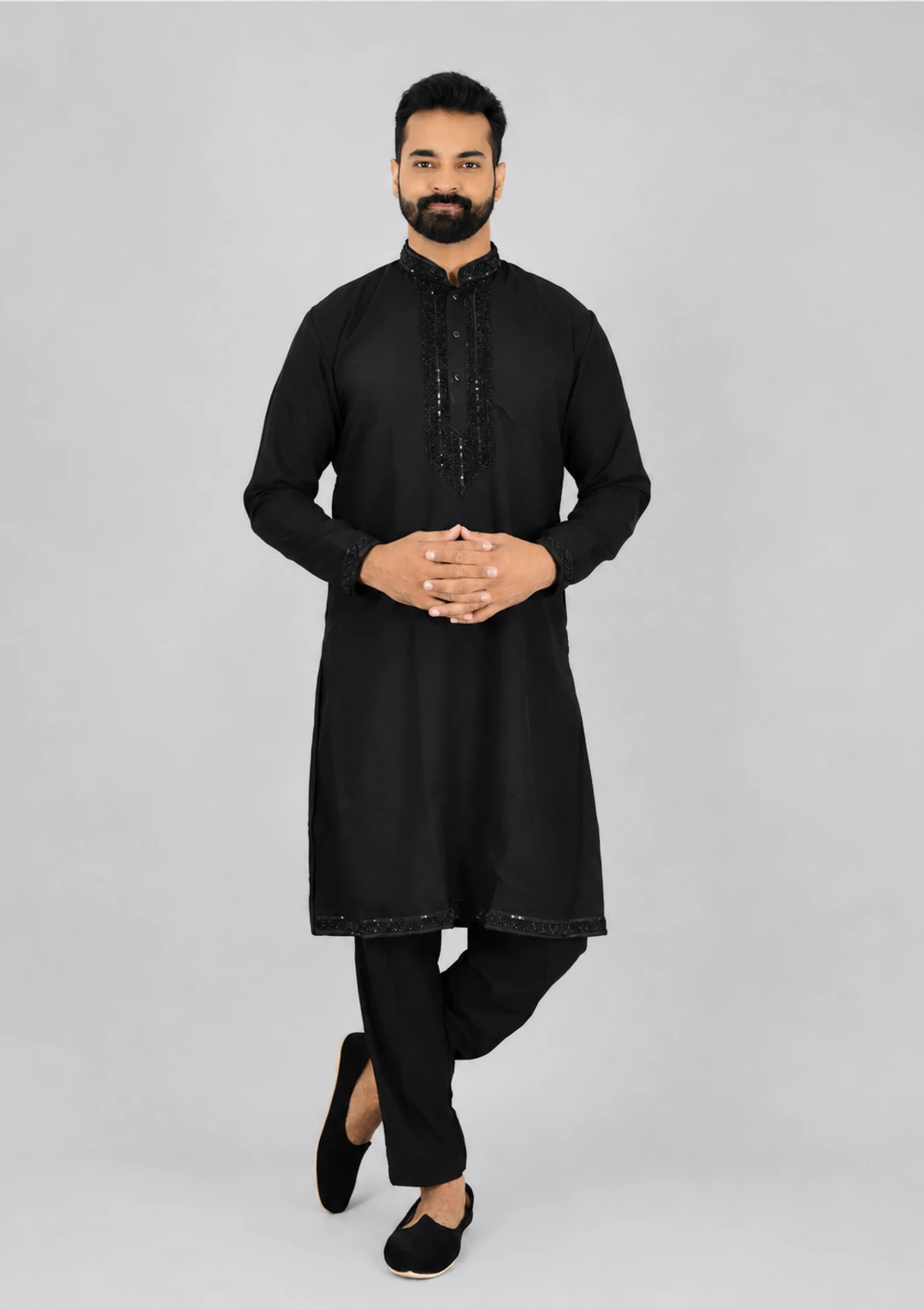 Black Bead Work Kurta Pant Pajama for Men