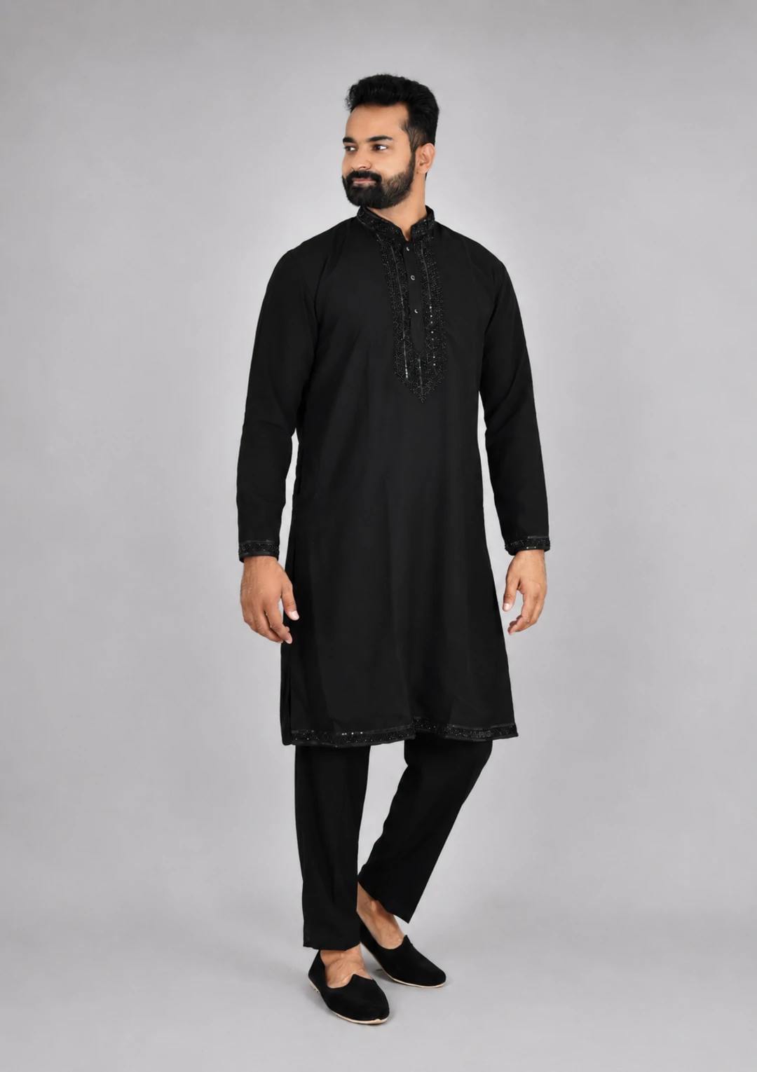 Black Bead Work Kurta Pant Pajama for Men - Image 2
