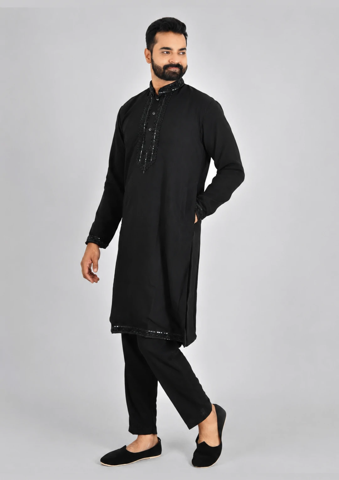 Black Bead Work Kurta Pant Pajama for Men - Image 3