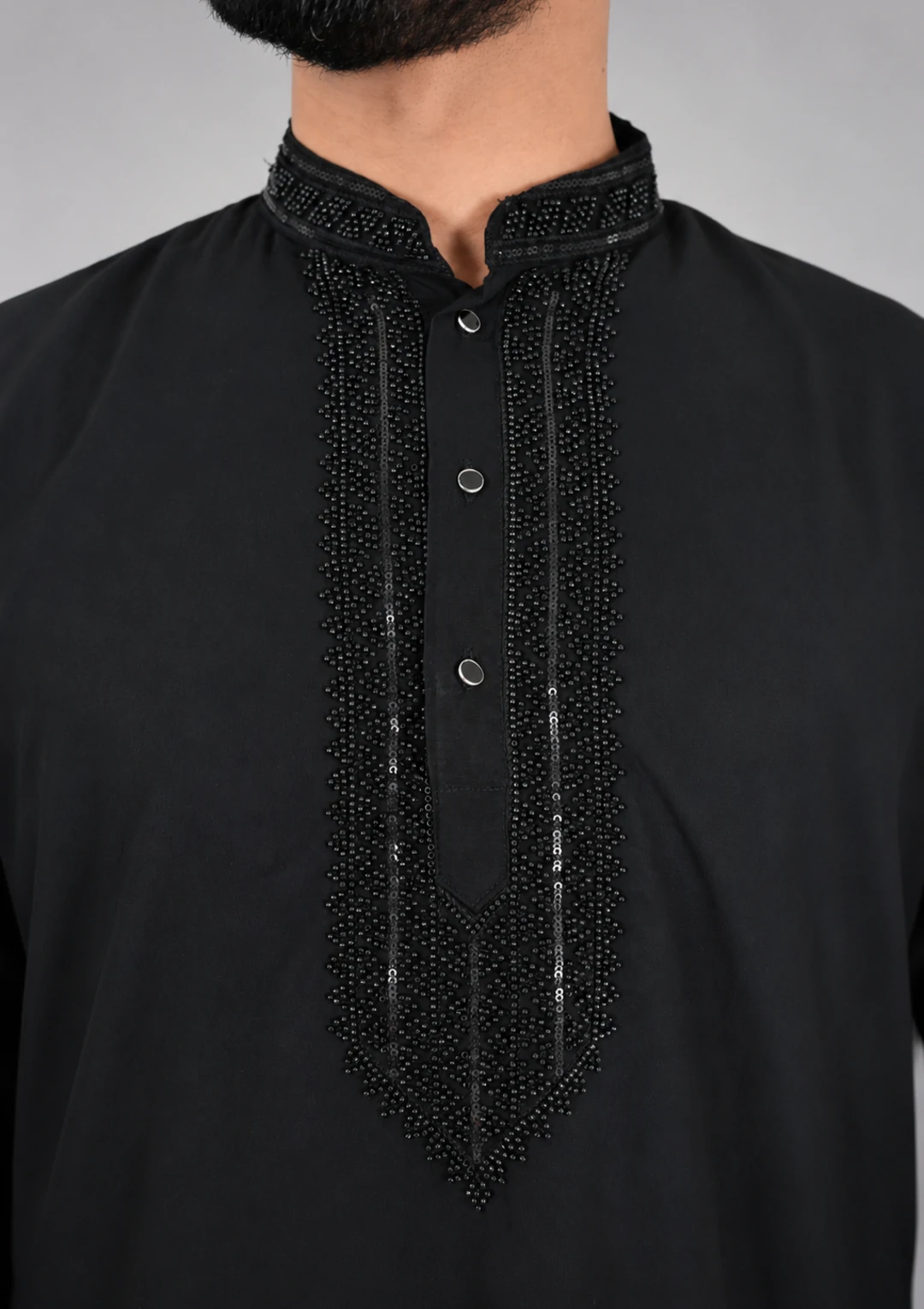Black Bead Work Kurta Pant Pajama for Men - Image 5