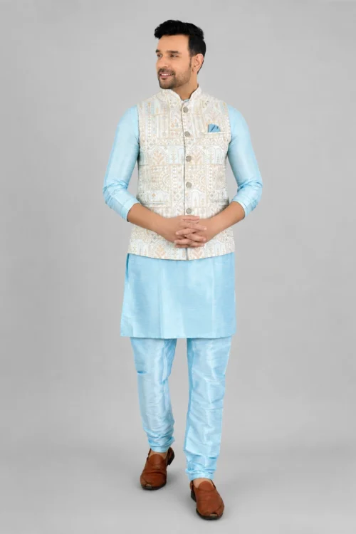 Powder Blue Silk Blend Thread Embroidered Nehru Jacket for Men